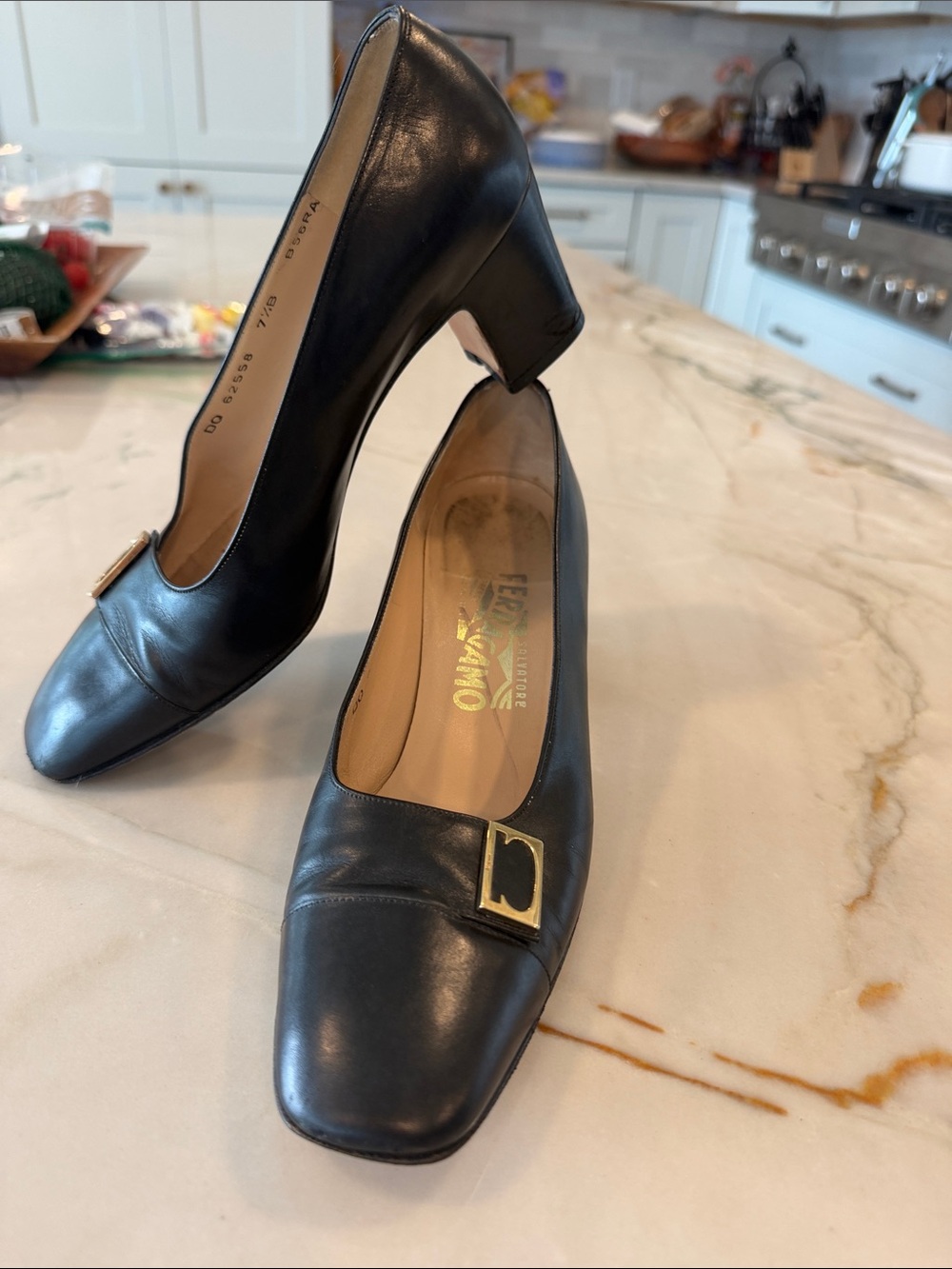 Salvatore Ferragamo Black Leather Square-Toe Pumps with Gold Buckle Accent - Picture 7 of 7